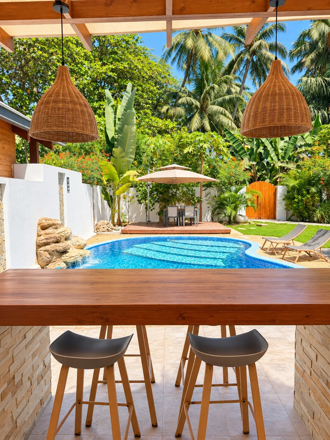 Counter seating overlooking the pool — Standard villa, Casa di Legno Resort